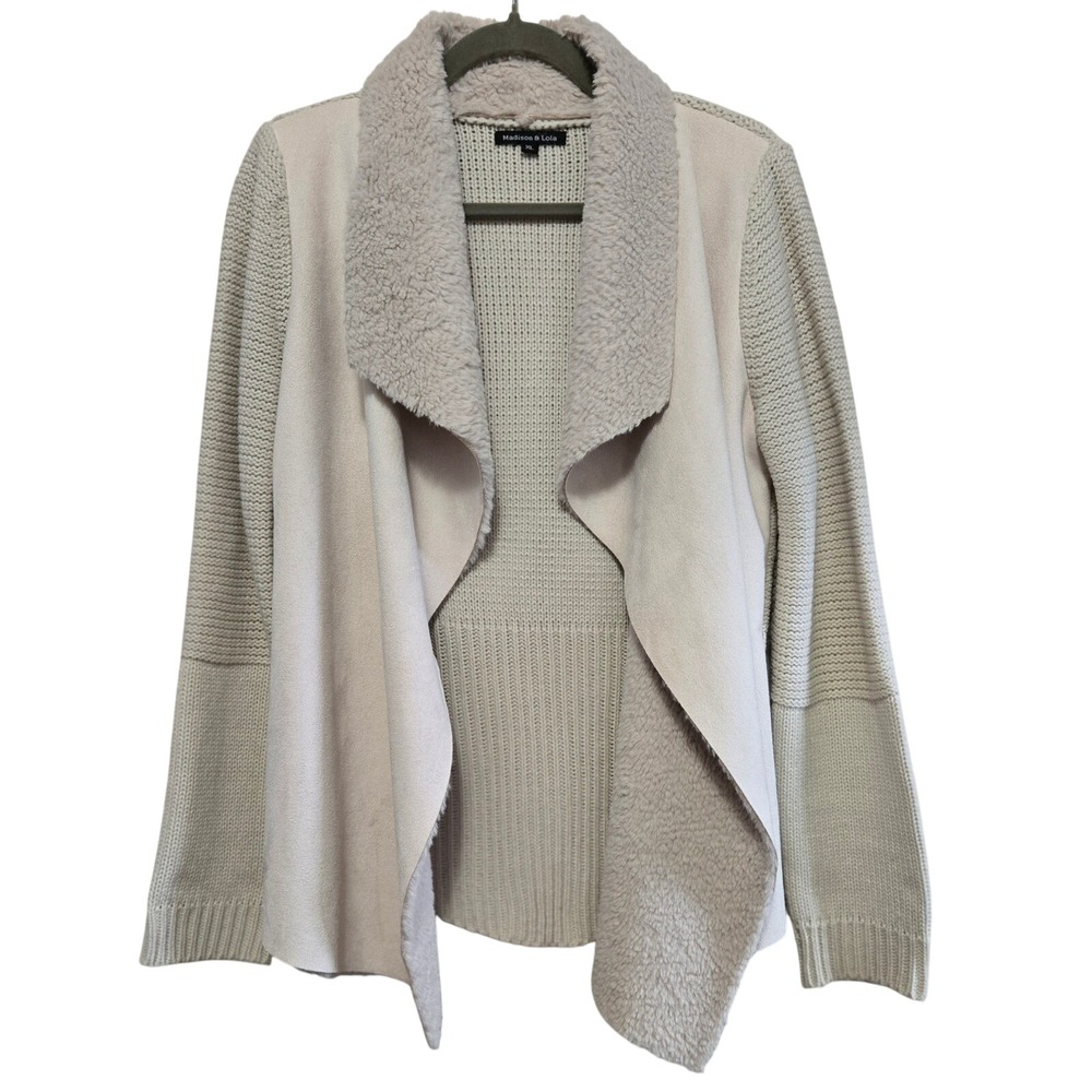 Madison & Lola Cozy Chic Cream Faux Suede Shearling Trim Knit Open Cardigan XL